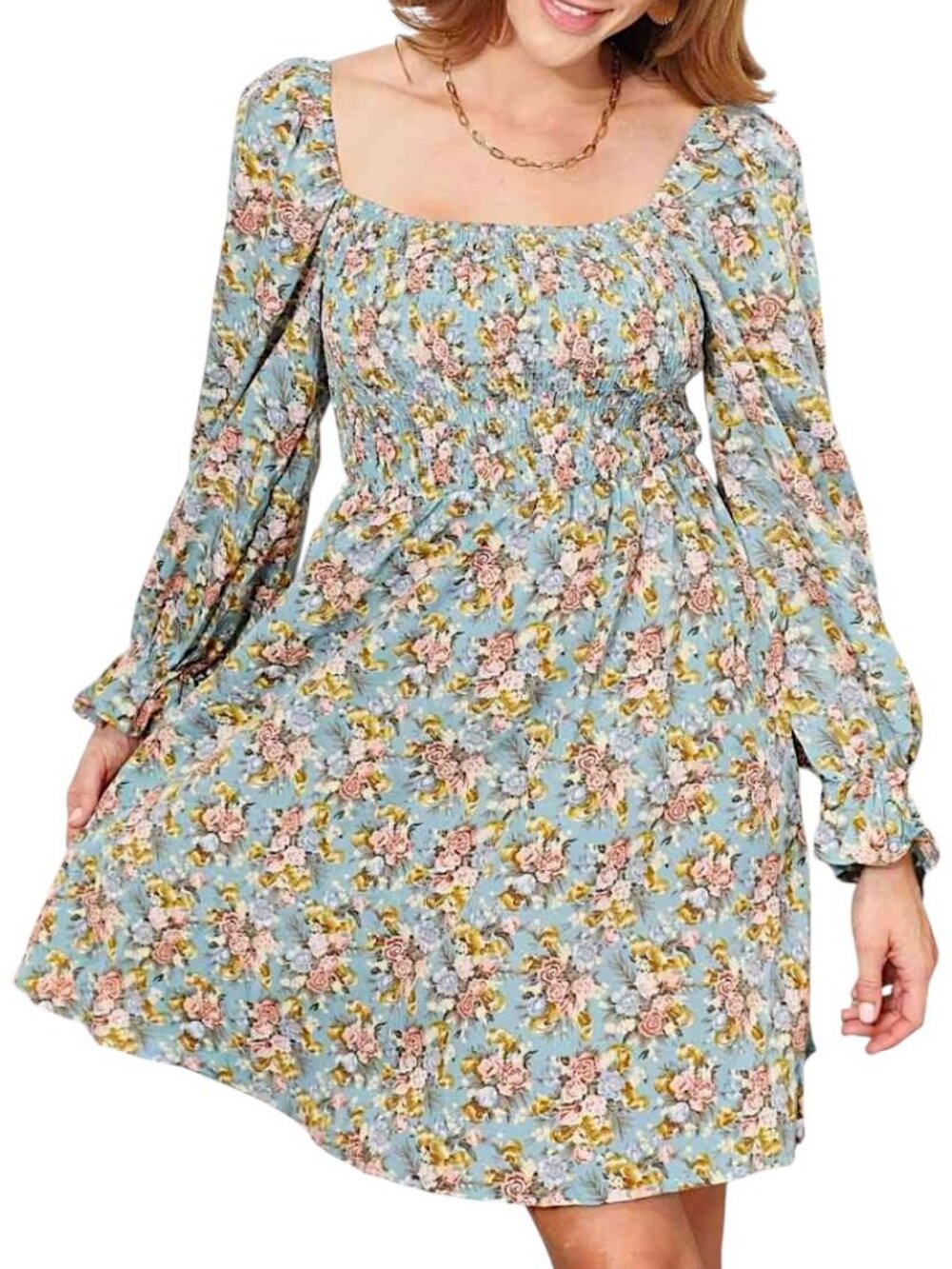 SHEIN Floral Smocked Flounce Sleeve Square Neck Dress Teal Pink Floral Size S